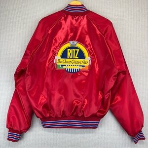Vintage 1980’s Nabisco Ritz Cracker Red Satin Bomber Jacket By 3 Strikes Men XL